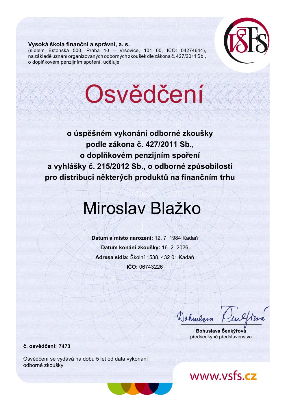Náhled osvědčení – Doplňkové penzijní spoření