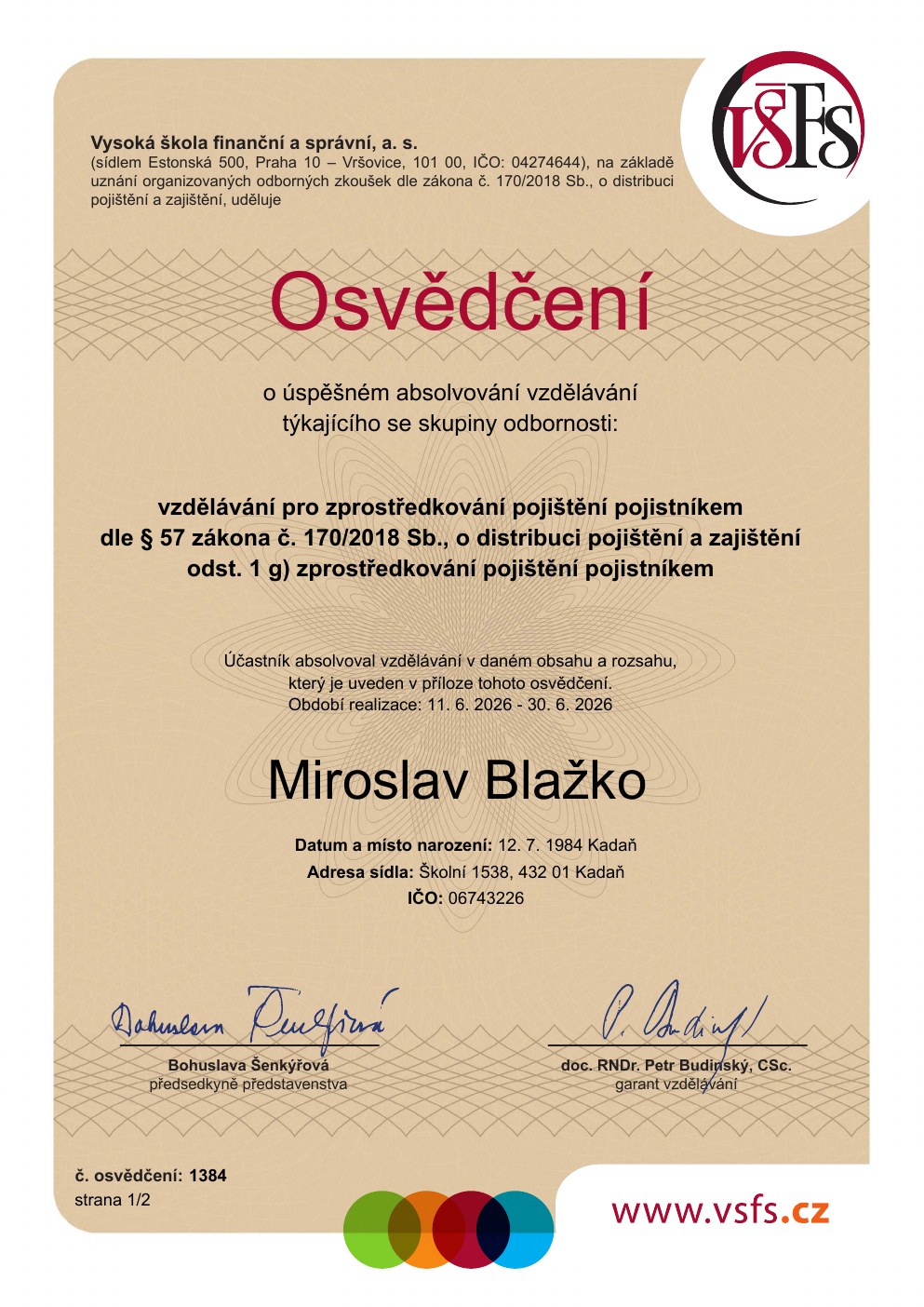 Náhled osvědčení – Zprostředkování pojištění pojistníkem