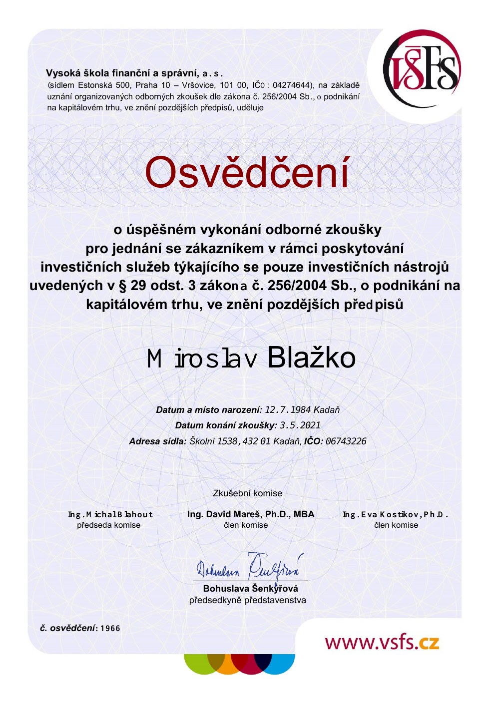 Náhled osvědčení – Kapitálové trhy a investiční nástroje