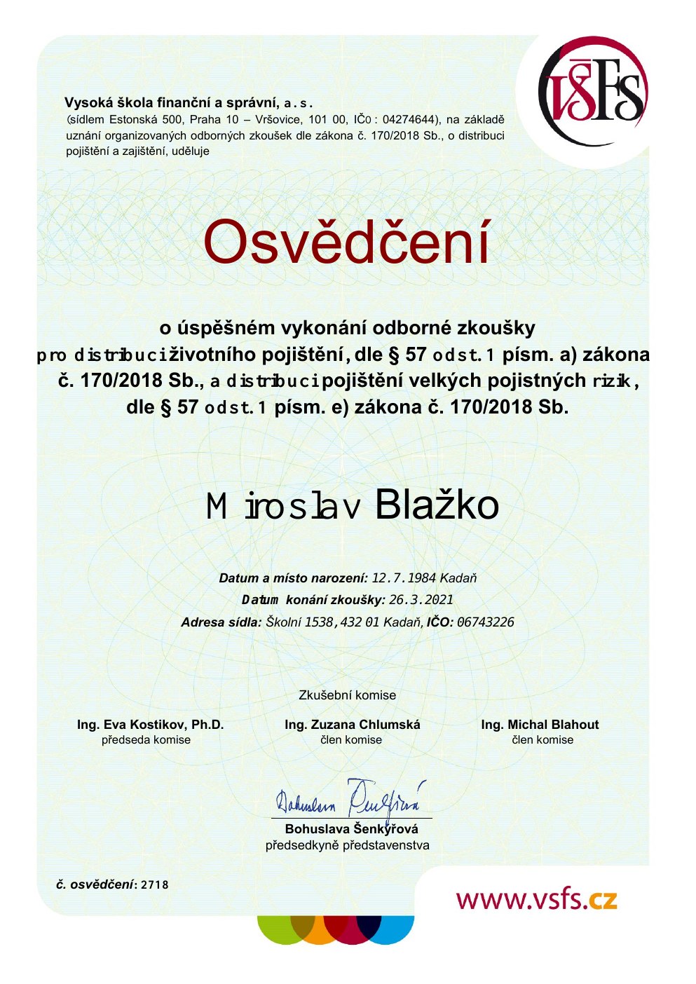 Náhled osvědčení – Životní pojištění a velká pojistná rizika