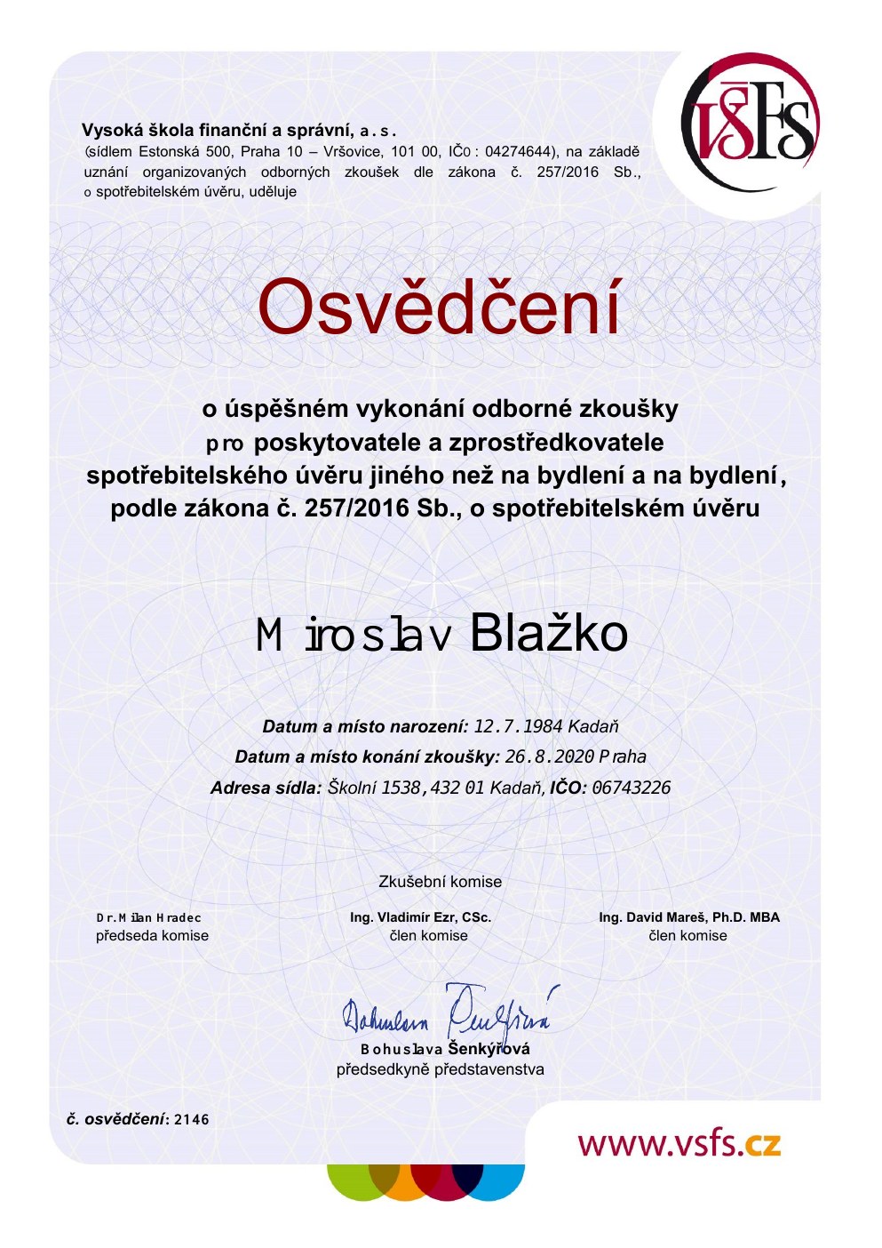 Náhled osvědčení – Spotřebitelské úvěry a úvěry na bydlení